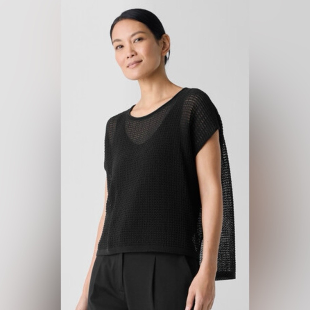 EILEEN FISHER ORGANIC COTTON CORD SHEEN JEWEL NECK TOP, SIZE L, NWT.